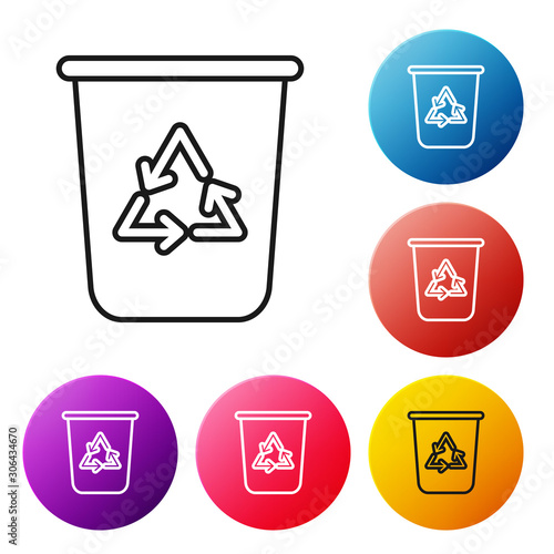 Black line Recycle bin with recycle symbol icon isolated on white background. Trash can icon. Garbage bin sign. Recycle basket sign. Set icons colorful circle buttons. Vector Illustration