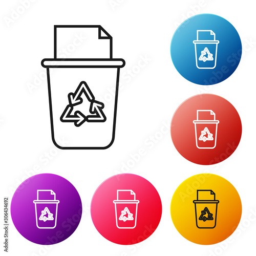 Black line Recycle bin with recycle symbol icon isolated on white background. Trash can icon. Garbage bin sign. Recycle basket sign. Set icons colorful circle buttons. Vector Illustration