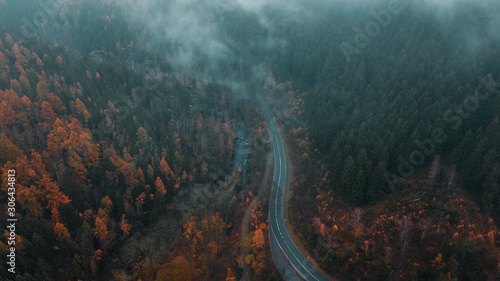 Curvy mountain road in a autumn orange nature landscape with low hanging clouds and dark moody winter vibes.