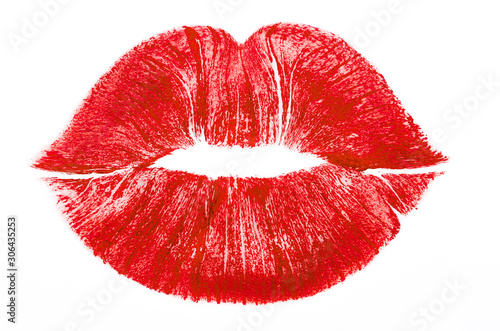 Obraz na plátne Imprint or print of red lipstick on a white background, isolated