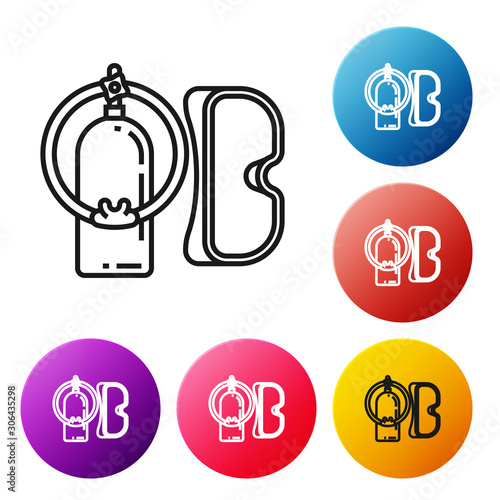 Black line Diving mask and aqualung icon isolated on white background. Oxygen tank for diver. Extreme sport. Sport equipment. Set icons colorful circle buttons. Vector Illustration
