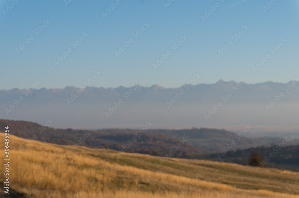 Golden fields in Carpathian Mountains. Mountains and barley cut fields in the horizon, golden hour photo-shoot. Golden fall panorama