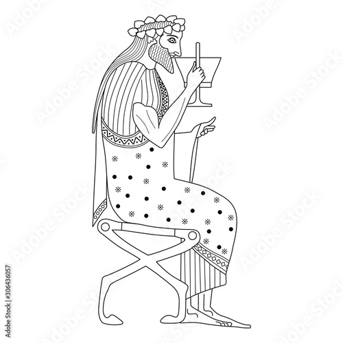 Ancient Greek god Dionysus sitting on throne with cup of wine. Black and white linear silhouette. 