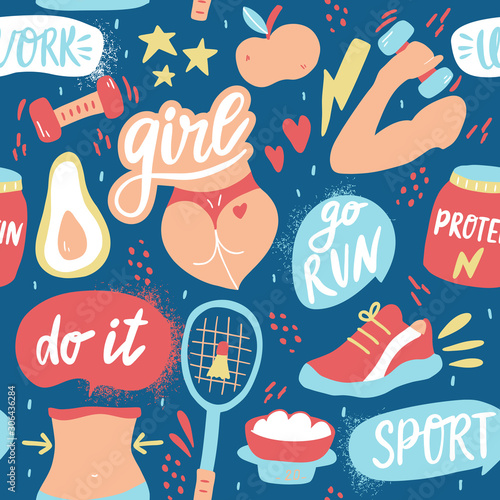 Illustration with symbols of sport. Healthy lifestyle. Powerful woman. Colorful seamless pattern. Vector hand-drawn illustration.