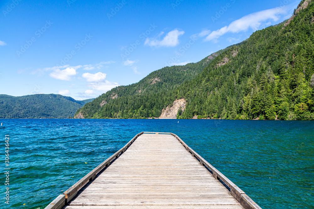 Looking out over a jetty at Lake Crescent, in Olympic National Park, Washington