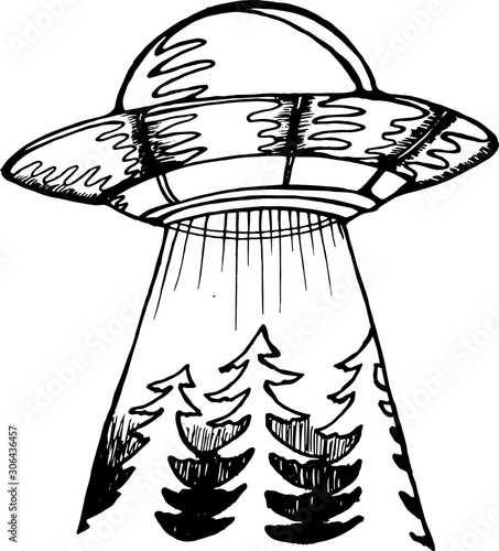 Illustration of a spaceship. Alien ship and forest. Idea for tattoo.