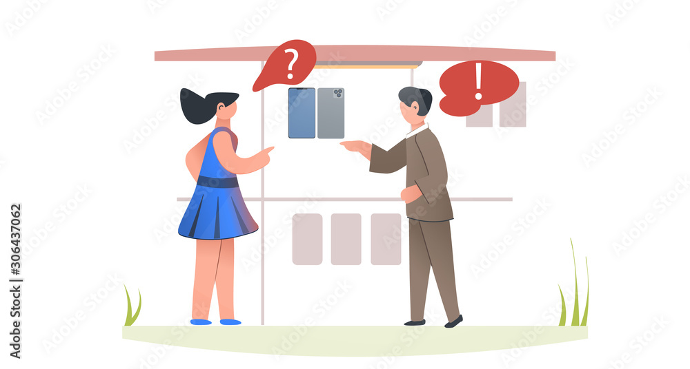 Manager sells new mobile phone to girl. Woman is watching new phone models. Girl asks seller about characteristics of new gadget. Vector stock illustration. Flat and cartoon characters.