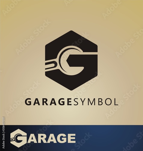 Car garage design logo. Overhaul service vector, sign, symbol or icon. Logo with tool for mechanical service. Car repair maintenance tool for the masters at home.