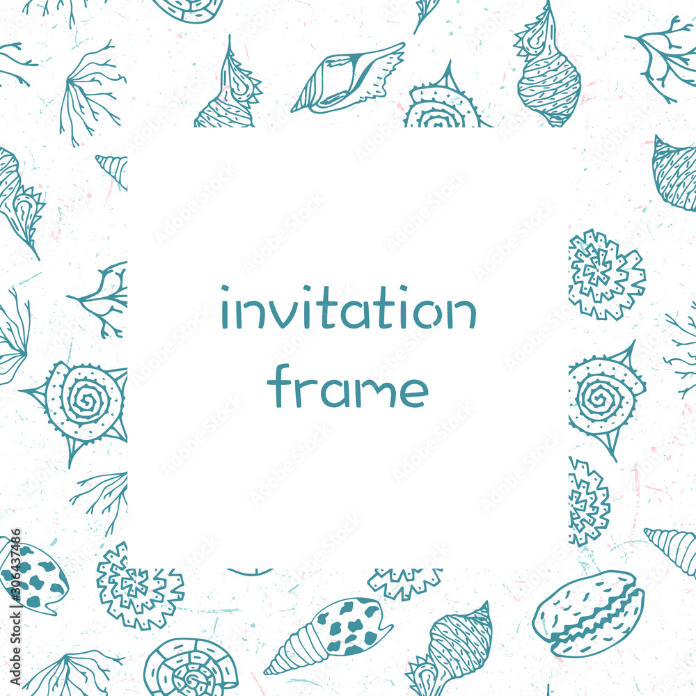 Invitation frame for wedding, party, banners; room decoration illustration.Vector pattern with seashells and seaweed. wild nature. Invitation frame for wedding, party, banners; room decoration illustration.Vector pattern with seashells and seaweed. wild nature.