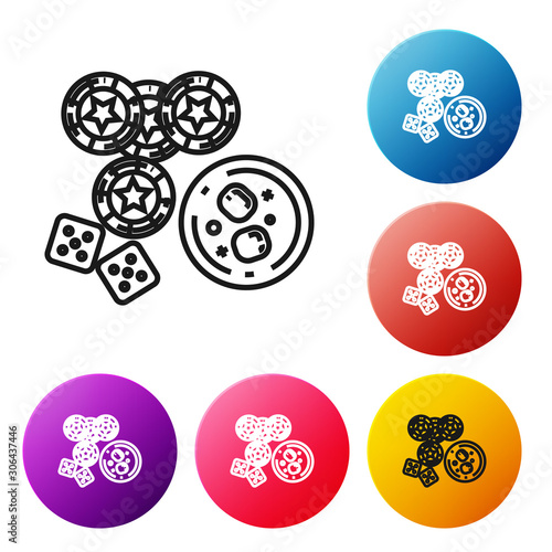 Black line Casino chips, game dice and glass of whiskey with ice cubes icon isolated on white background. Casino poker. Set icons colorful circle buttons. Vector Illustration