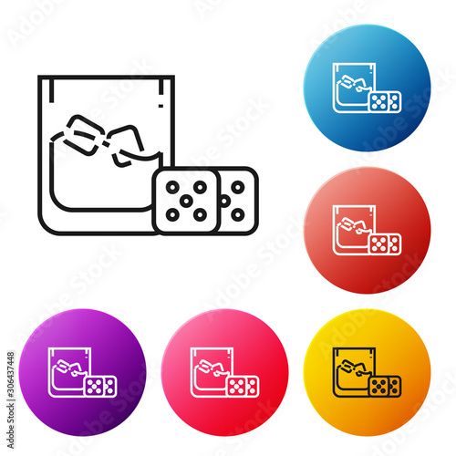 Black line Game dice and glass of whiskey with ice cubes icon isolated on white background. Casino gambling. Set icons colorful circle buttons. Vector Illustration