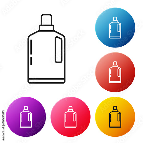 Black line Plastic bottle for liquid laundry detergent, bleach, dishwashing liquid or another cleaning agent icon isolated on white background. Set icons colorful circle buttons. Vector Illustration