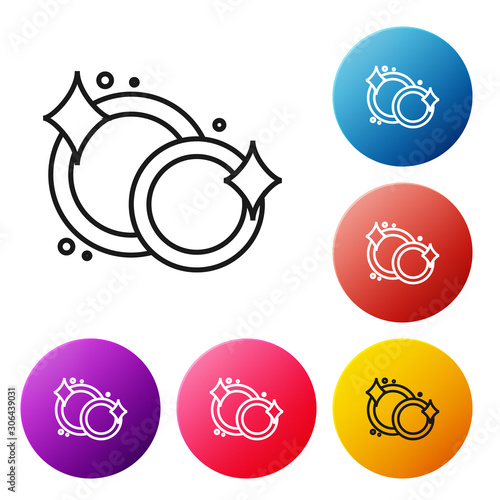 Black line Washing dishes icon isolated on white background. Cleaning dishes icon. Dishwasher sign. Clean tableware sign. Set icons colorful circle buttons. Vector Illustration