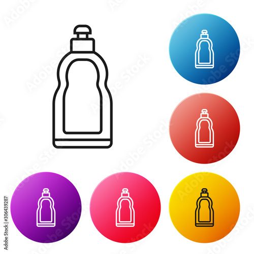 Black line Plastic bottle for liquid laundry detergent, bleach, dishwashing liquid or another cleaning agent icon isolated on white background. Set icons colorful circle buttons. Vector Illustration