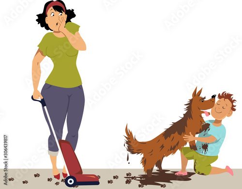 Horrified mother looking at a boy, hugging a very dirty dog, making mess everywhere, EPS 8 vector illustration