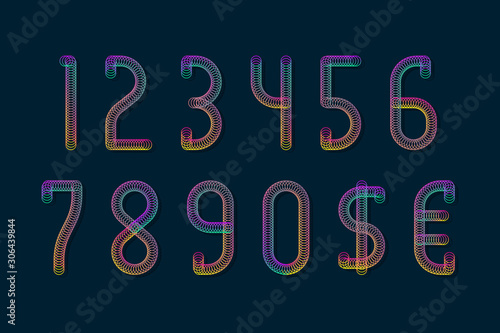 Iridescent numbers and currency signs of shining rings.