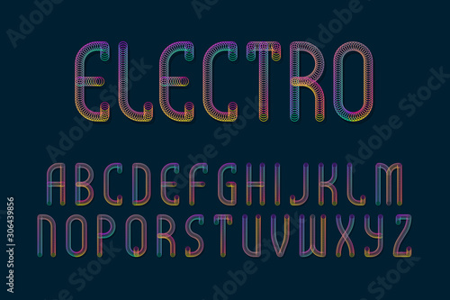 Electro alphabet of iridescent letters of shining rings. Glowing spiral font. Isolated english alphabet.