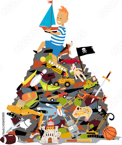 Spoiled little boy sitting on a huge pile of toys, EPS 8 vector illustration
