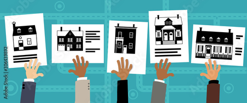 Hands holding up real estate listings with different types of properties, EPS 8 vector illustration