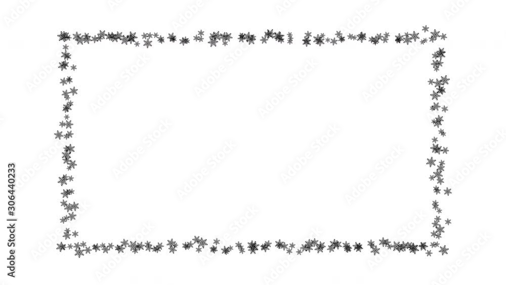 Animated rectangular black snow frame on white background. New year, Christmas, winter pattern. Snowflakes move around the edges. Motion design. Alpha channel.Looped footage. 4K. Animated rectangular black snow frame on white background. New year, Christmas, winter pattern. Snowflakes move around the edges. Motion design. Alpha channel.Looped footage. 4K.