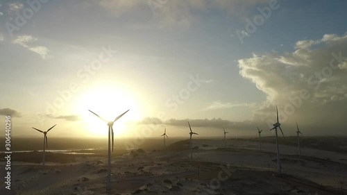 Hawt Wind Turbines at Power Station, Cinematic Aerial View on Golden Hour With Sun in Backlight photo