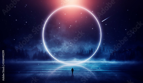 Fototapeta Naklejka Na Ścianę i Meble -  Futuristic night landscape with abstract landscape and island, moonlight, shine. Dark natural scene with reflection of light in the water, neon blue light. Dark neon background. 3D illustration