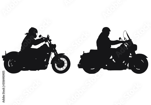 A vector silhouette of a woman riding a motorcycle and a man riding a motorcycle.