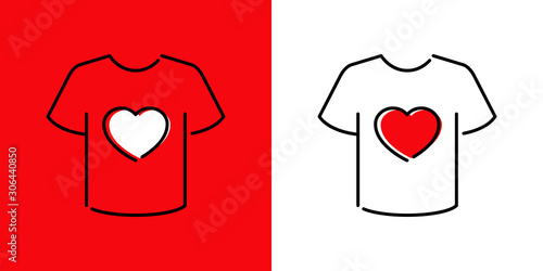 Icono plano lineal camiseta t con corazón en fondo rojo y fondo blanco