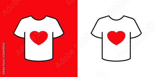 Icono plano lineal camiseta t con corazón en fondo rojo y fondo blanco