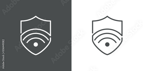 Logotipo WiFi seguro. Icono plano lineal símbolo WiFi en escudo en fondo gris y fondo blanco