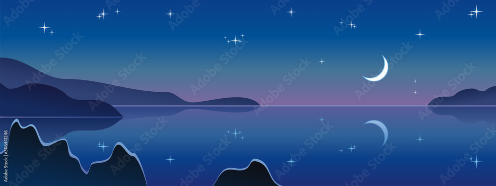 Obraz premium Night landscape, midnight moon, Vector illustration