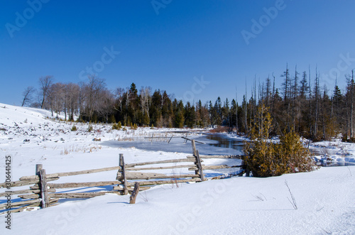 winter scene of frozen river in the country