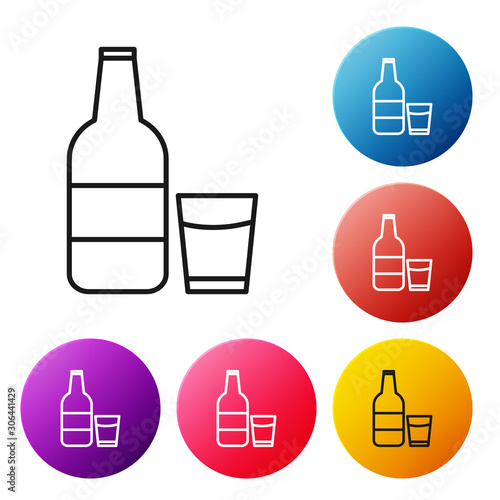Black line Closed glass bottle with milk and glass icon isolated on white background. Set icons colorful circle buttons. Vector Illustration