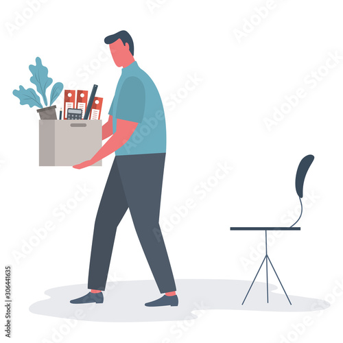 Office worker with a box of stationery in the hands. Sad young man holding office supplies. Concept: employee was fired, lost his job. Funky flat style. Vector illustration.