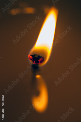 Extreme close-up of a candle flame. Reflection of the flame in the melted candlewax. photo