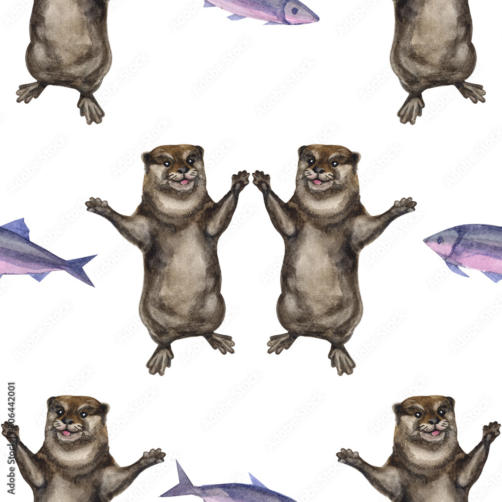 Fototapeta premium Watercolor seamless pattern with otter hand drawing decorative background. Print for textile, cloth, wallpaper, scrapbooking