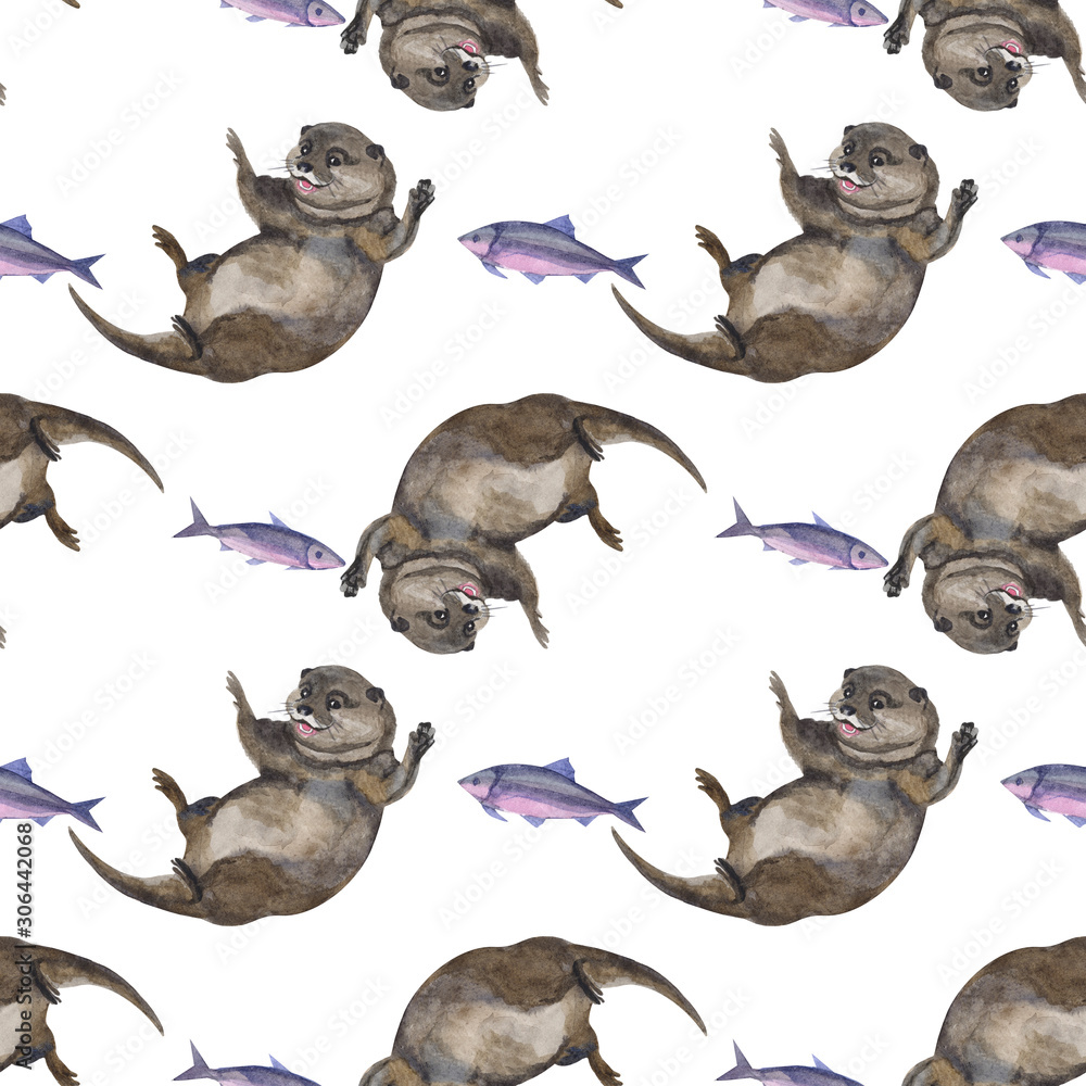 Obraz premium Watercolor seamless pattern with otter hand drawing decorative background. Print for textile, cloth, wallpaper, scrapbooking