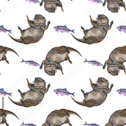 Watercolor seamless pattern with otter hand drawing decorative background. Print for textile  cloth  wallpaper  scrapbooking