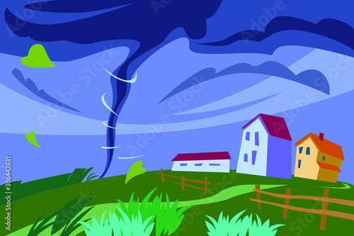 Tornado approaching the houses of farmers. Storm on the background of the countryside.