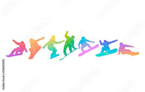 Snowboard, snowboarders, snowboarding extreme winter sport people silhouettes vector illustration, riding a board, tricks