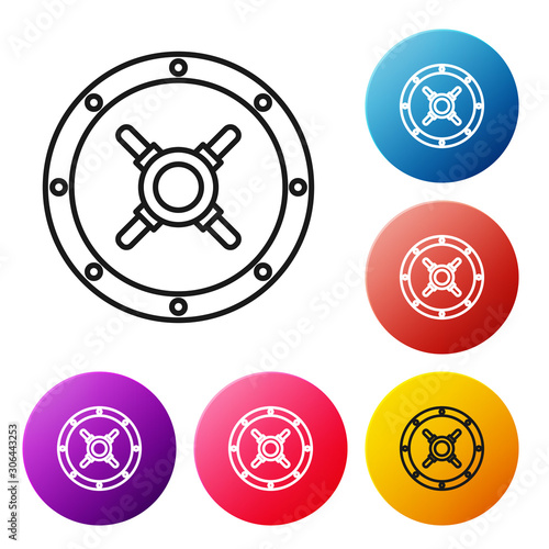 Black line Safe icon isolated on white background. The door safe a bank vault with a combination lock. Reliable Data Protection. Set icons colorful circle buttons. Vector Illustration