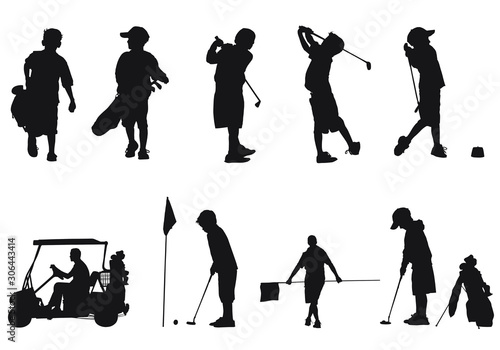 Vector silhouettes of children golfing.