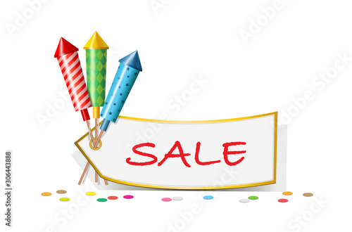 Silvester-Raketen SALE, Feuerwerkskörper, Partyzubehör,  Vektor Illustration isoliert auf weißem Hintergrund