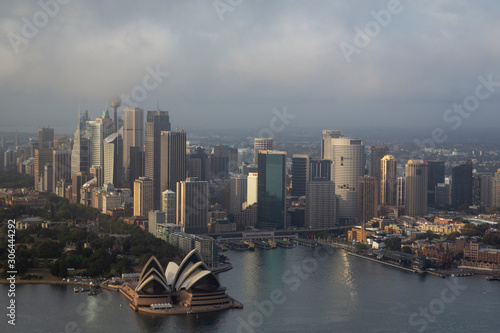 Sydney harbour and city dawn low cloud aerial