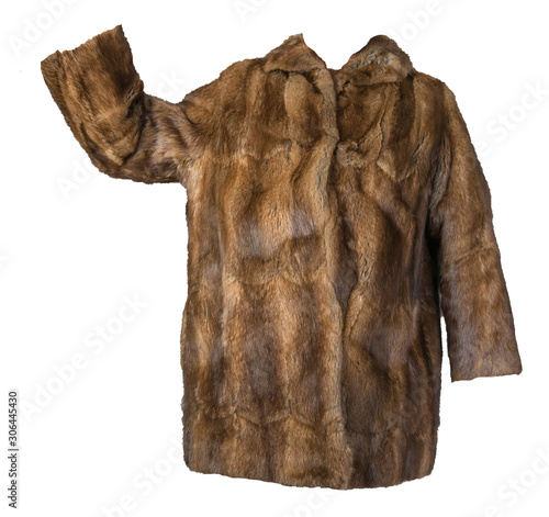 fur coat isolated on a white background. fur coat with brown natural fur