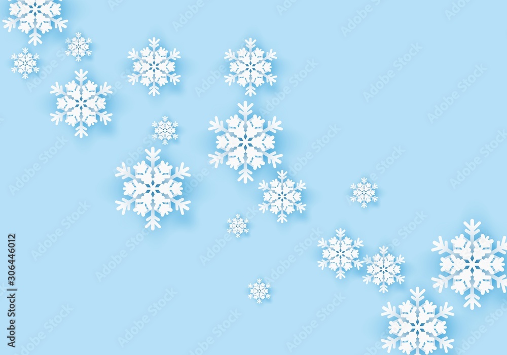 Winter origami snowflake greeting banner with blue background. White snow invitation design card. Wintertime paper poster template for christmas holiday. Snow flakes frame pattern for text. Vector