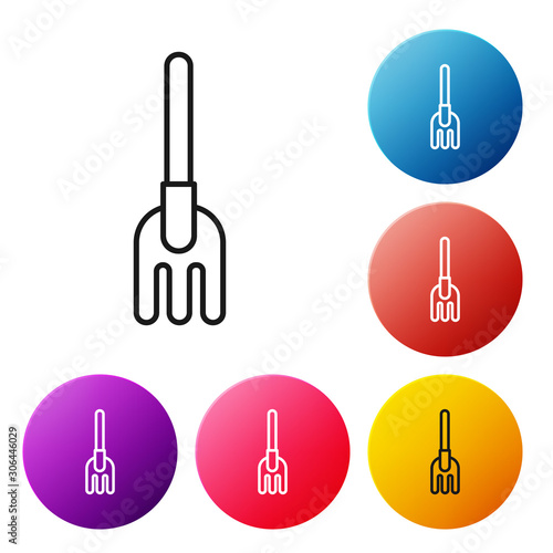 Black line Garden rake icon isolated on white background. Tool for horticulture, agriculture, farming. Ground cultivator. Housekeeping equipment. Set icons colorful circle buttons. Vector Illustration