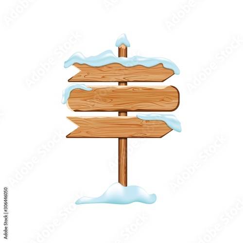 Cartoon wooden signs with iced snow. Winter holiday billboard frame isolated on white background. Christmas directional signboard plank banner element. Vector wooden pointing guidepost illustration