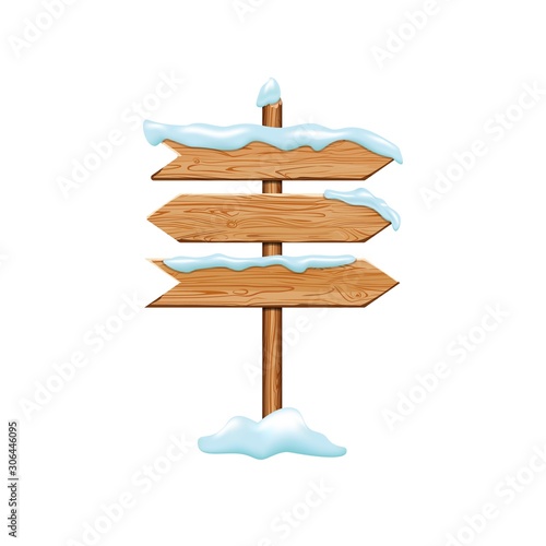 Cartoon wooden signs with iced snow. Winter holiday billboard frame isolated on white background. Christmas directional signboard plank banner element. Vector wooden pointing guidepost illustration