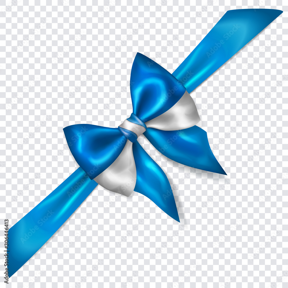 Beautiful bow in colors of Greece flag with diagonally ribbon with shadow on transparent background. Transparency only in vector format